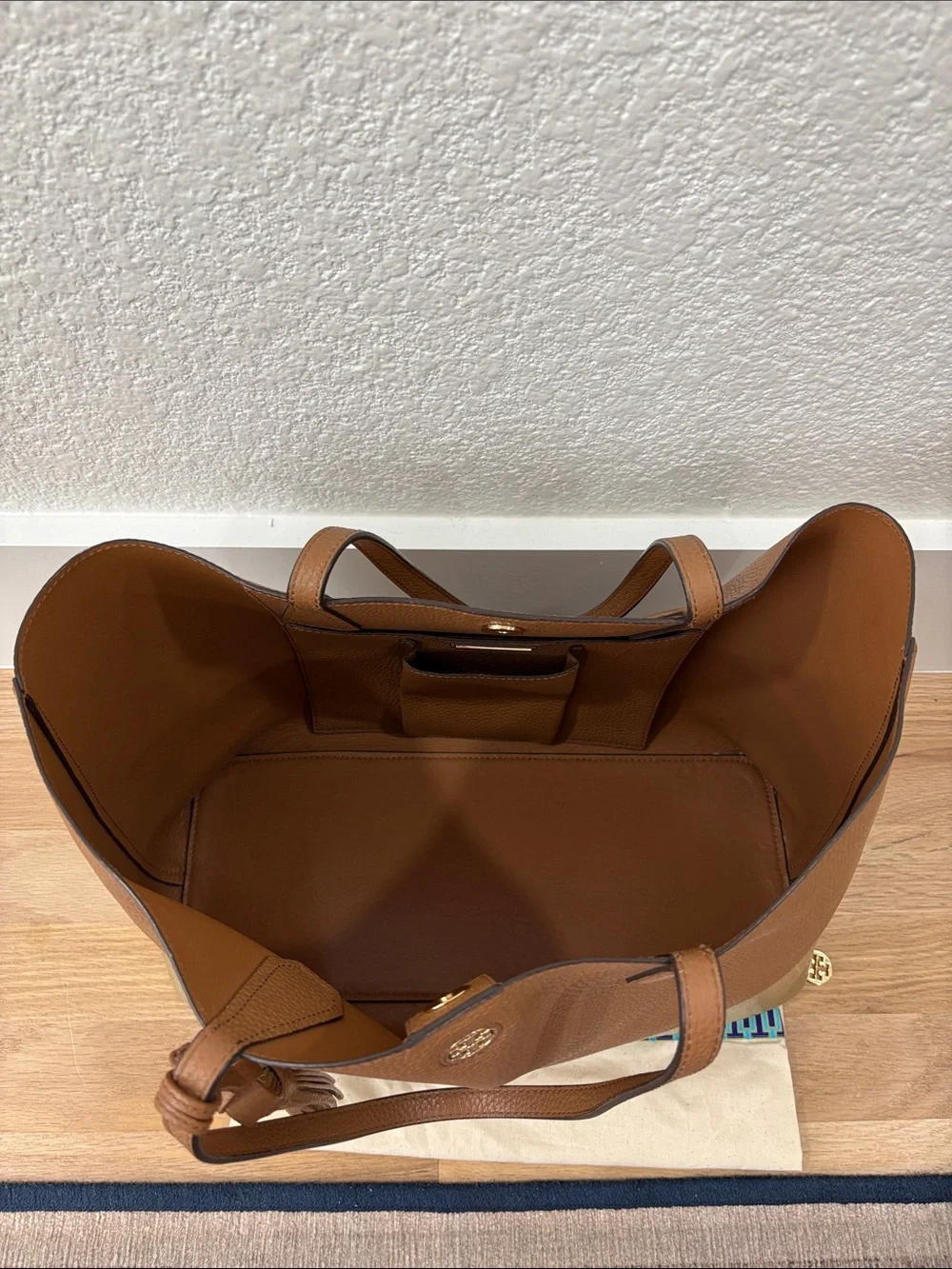 Tory Burch Tan and Gold Two-Tone Pebbled Leather Tote with Tassel